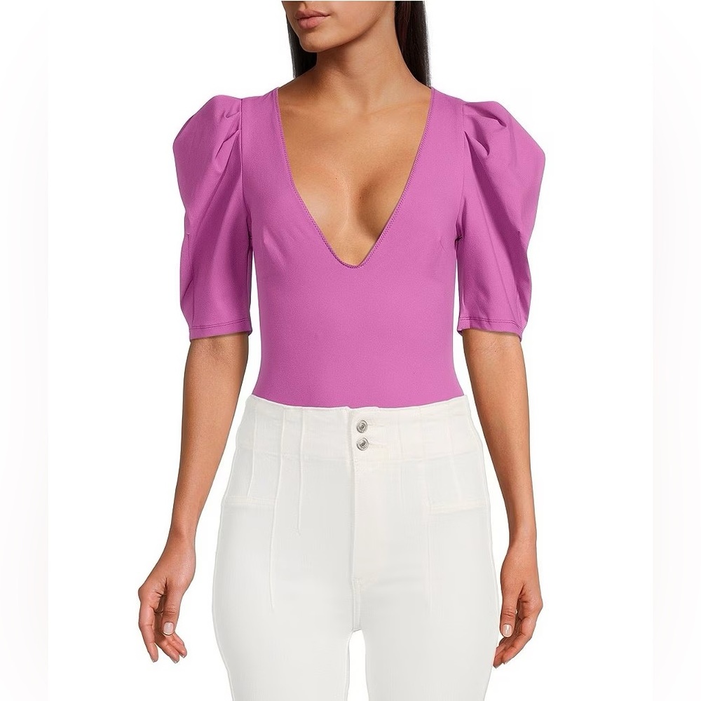 Free People Knit Deep V-Neck Short Ruched Puffed Sleeve Bodysuit